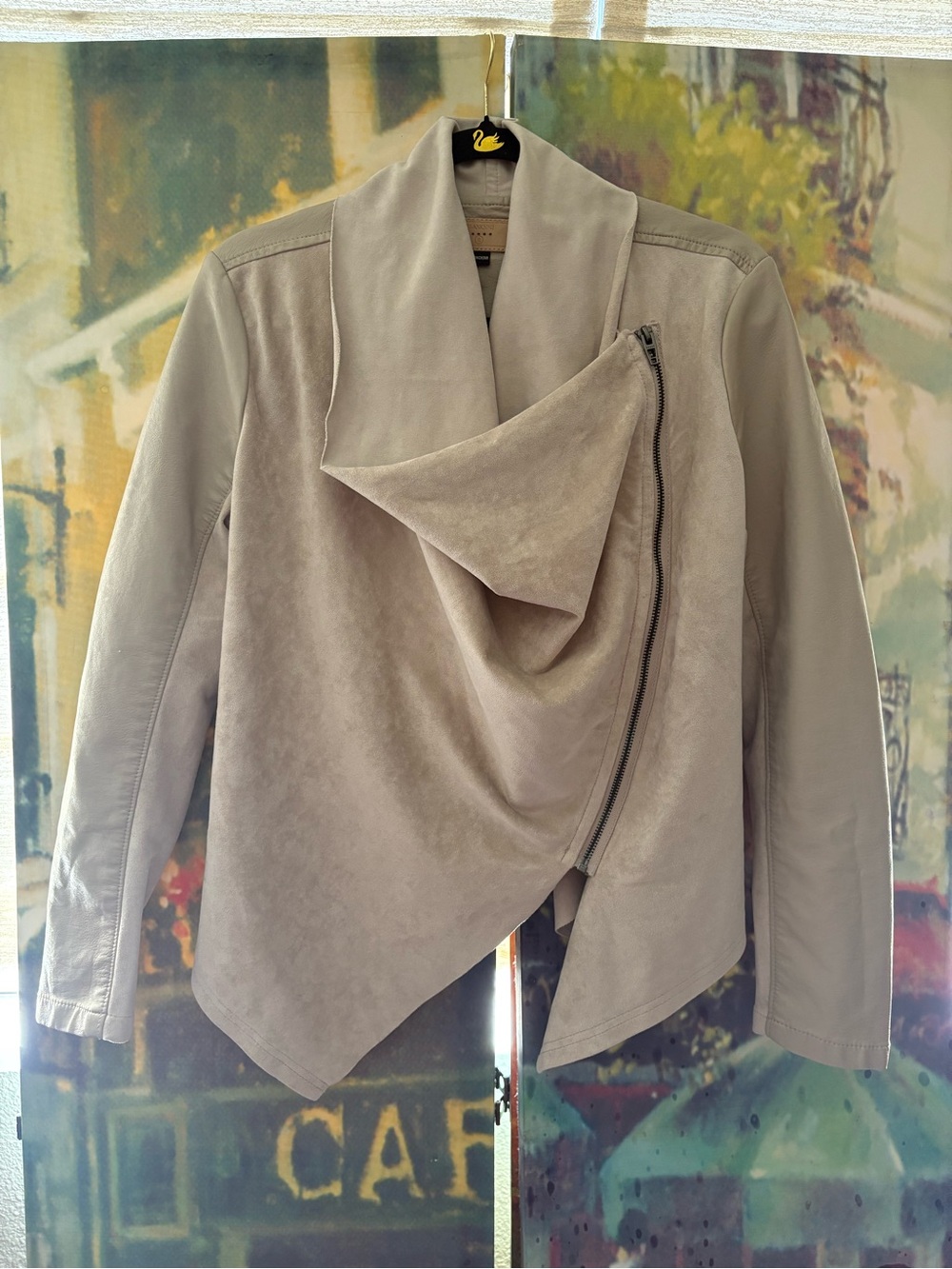 Blank NYC Asymmetric Draped Zip Jacket - Stone/Beige - Size S